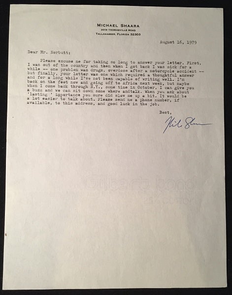 Item #1286 Original August 16, 1979 Typed Letter Signed From Pulitzer Prize Winner Michael Shaara (CANDID DISCUSSION OF HIS FAMOUS MOTORCYCLE ACCIDENT AND SUBSEQUENT DRUG OVERDOSE). Michael SHAARA.