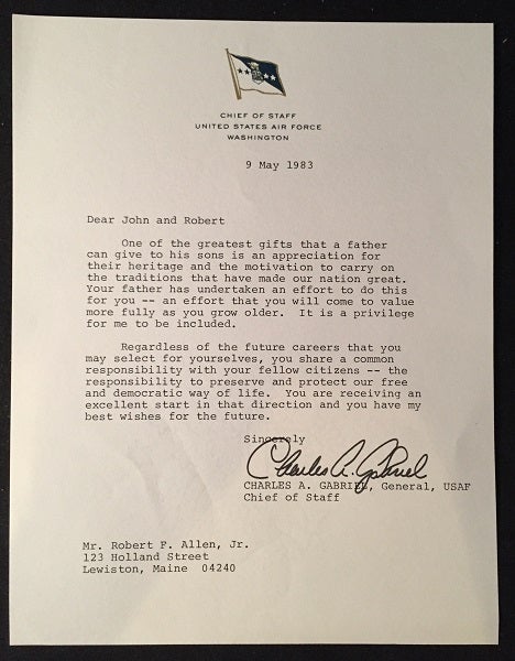 Item #1395 Chief of Staff - United States Air Force CHARLES A. GABRIEL Typed Letter Signed (RE: Citizens responsibility to preserve and protect our democratic way of life). Charles A. GABRIEL.