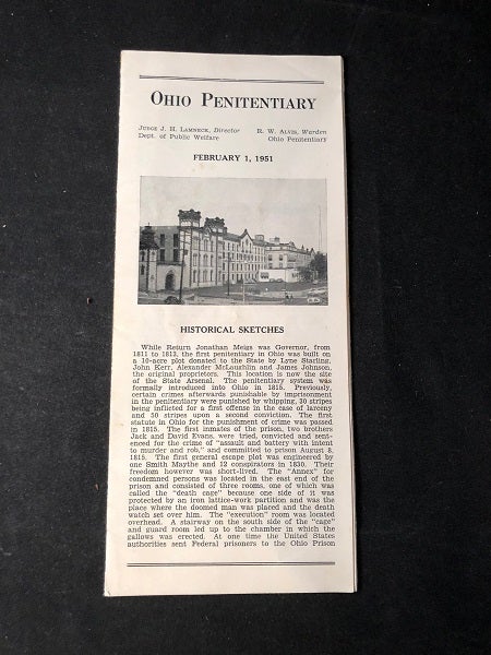 Item #2498 Ohio Penitentiary (1951 Advertising Brochure). Judge J. H. LAMNECK, R. W. ALVIS.