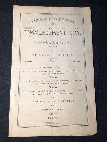 Item #2544 JUNE 16, 1886 VANDERBILT UNIVERSITY COMMENCEMENT DAY PROGRAM (WOMEN'S STUDIES INTEREST). VANDERBILT UNIVERSITY.