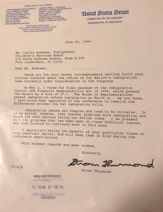 Item #2581 Senator Strom Thurmond (SC) 1996 Typed Letter Signed RE: IMMIGRATION CONTROL. Strom...