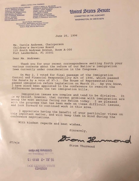 Item #2581 Senator Strom Thurmond (SC) 1996 Typed Letter Signed RE: IMMIGRATION CONTROL. Strom THURMOND.