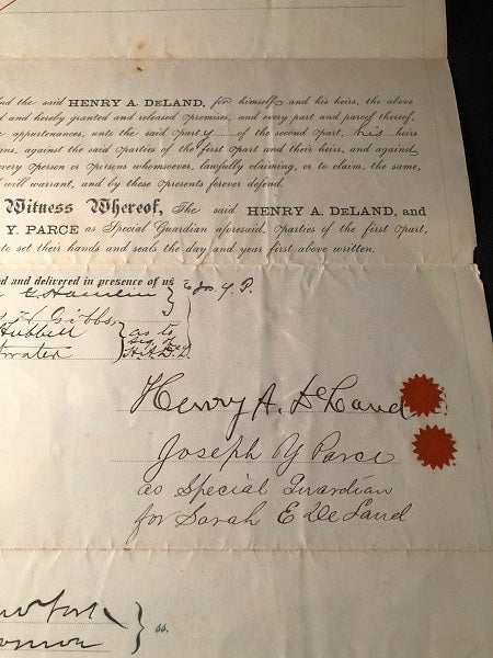 Item #2654 RARE Original 1885 Land Purchase Agreement SIGNED BY HENRY A. DELAND (Central Florida Pioneer and Founder of Deland, Florida). Henry A. DELAND, J. Willis WESTLAKE.