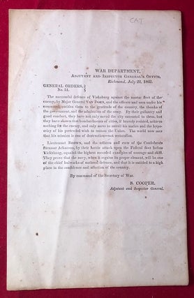 Item #3971 RARE CONFEDERATE PRINTED VICKSBURG DEFENSE COMMENDATION / July 22, 1862 [Confederate...