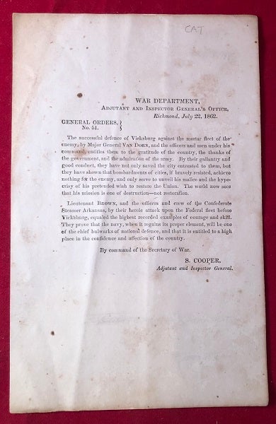 Item #3971 RARE CONFEDERATE PRINTED VICKSBURG DEFENSE COMMENDATION / July 22, 1862 [Confederate Imprint]. Confederate States of America.