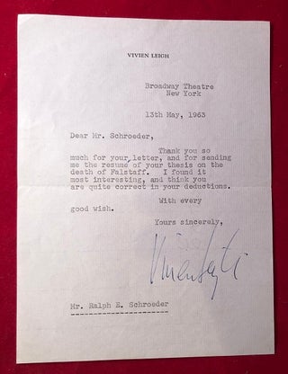 Item #3972 May 13, 1963 Letter Signed by Vivien Leigh [DURING HER "TOVARICH" RUN, FOR WHICH SHE...