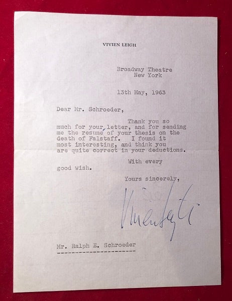 Item #3972 May 13, 1963 Letter Signed by Vivien Leigh [DURING HER "TOVARICH" RUN, FOR WHICH SHE WON A TONY AWARD]. Vivien LEIGH.