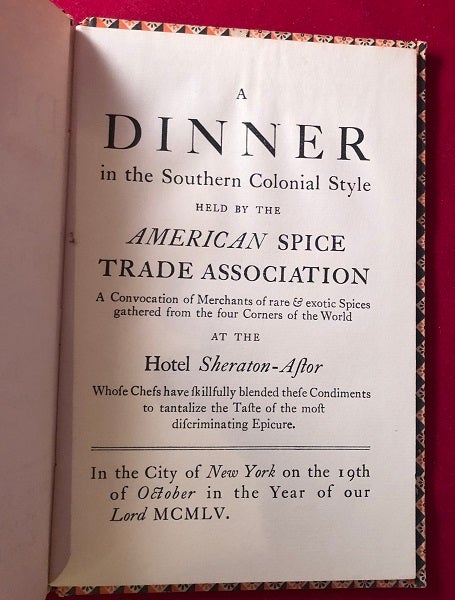 Item #4183 A Dinner in the Southern Colonial Style; American Spice Trade Assocation's Colonial Dinner at the Hotel Sheraton-Astor MENU Keepsake. Colonial Williamsburg Inc.