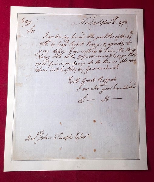 Item #4199 1793 Samuel Huntington Signed Letter RE: Release of Ship During the Genet Affair (ALS). Samuel HUNTINGTON.