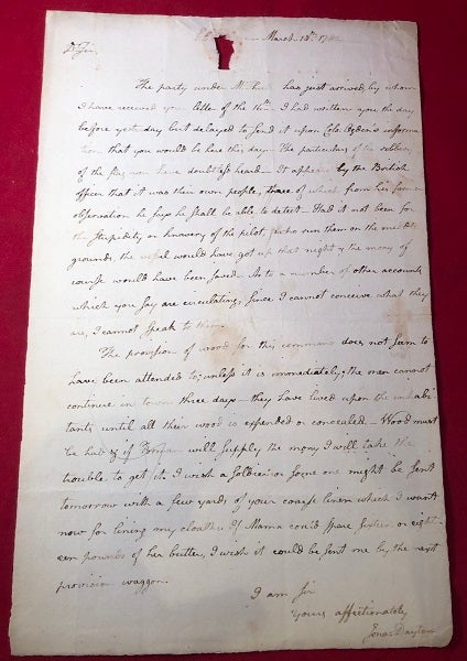 Item #4201 1782 Revolutionary War Content Letter from U.S. Constitution Signer Jonathan Dayton TO his father, Brig. General Elias Dayton. Jonathan DAYTON, Elias DAYTON.