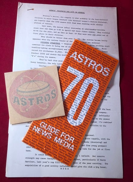 Item #4588 Houston Astros 1970 Media Guide w/ 7 PP Typed "Astros Prospects" Prospectus and Sticker. HOUSTON ASTROS.
