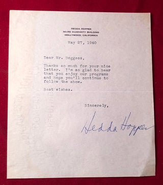 Item #4910 May 27, 1940 Hedda Hopper Signed Letter (TLS). Hedda HOPPER
