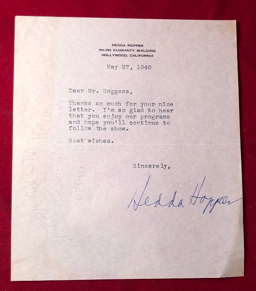 Item #4910 May 27, 1940 Hedda Hopper Signed Letter (TLS). Hedda HOPPER.