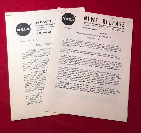 Item #4953 Lot of 3 Original 1962 "Mercury - Atlas 6" NASA Press News Releases (From Collection of Ken Grine, Chief of Public Relations). NASA / PROJECT MERCURY.