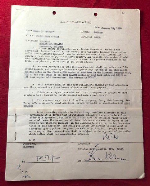 Item #5113 January 11, 1956 Robert Penn Warren Signed Publishing Contract (Dutch Rights for Band of Angels). Robert Penn WARREN.