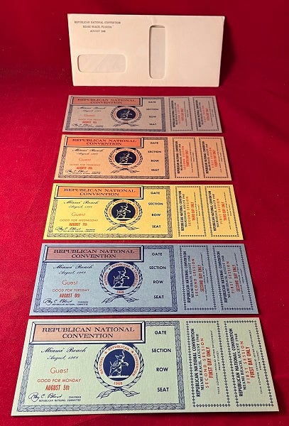 Item #5459 UNUSED 1968 Republican National Convention Ticket SET of 5 w/ Envelope. Richard NIXON.