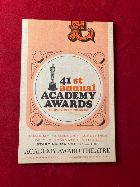 Item #5848 March 1, 1969 Screening Schedule for the 41st Annual Academy Awards (2001: A Space Odyssey). Gregory PECK.