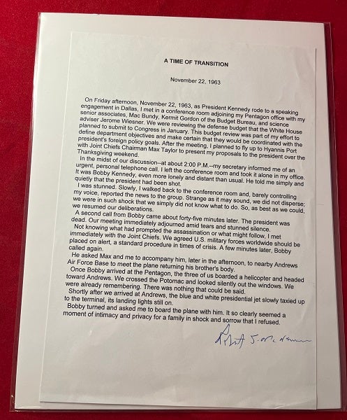 Item #5870 Signed Copy of Secretary of Defense Robert McNamara's "A Time of Transition" Memo. Robert MCNAMARA.