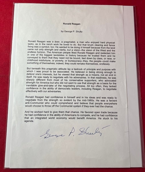Item #5871 Signed Copy of Secretary of State George P. Shultz's Reminiscence of President Ronald Reagan. George SHULTZ.