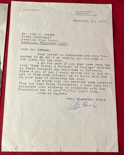 Item #7060 Otto Frank February 26, 1965 TLS Signed Letter (RE: Anne Frank Foundation & Schnabel Biography). Otto FRANK.