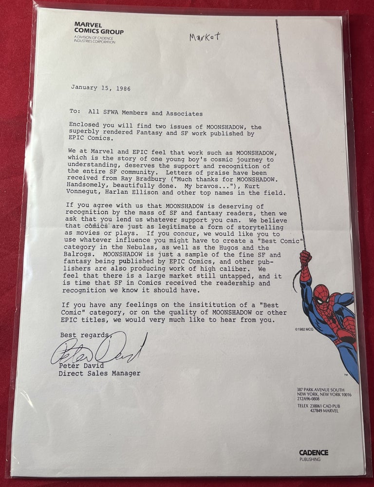Item #7302 Important 1986 Marvel Comics TLS (Peter David Advocating a Nebula & Hugo Award for Comic Books). Peter DAVID.