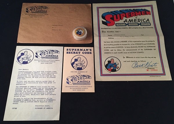Item #815 RARE Original 1939 SUPERMEN OF AMERICA Complete Fan Club Kit (Includes original pinback, Secret Code Manual etc...). Jerry SIEGEL, Joe SHUSTER.