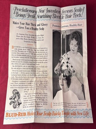 Original 1928 Folding Brochure "BLUD-RUB / PROMOTES LUSTROUS, HEALTHY HAIR"