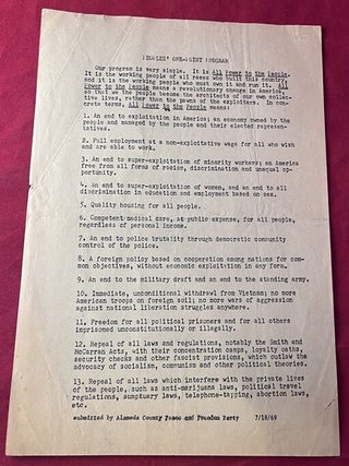 ALAMEDA COUNTY PEACE AND FREEDOM PARTY "PEOPLES' ONE-POINT PROGRAM" ORIGINAL TYPED. Jack WEINBERG, et.