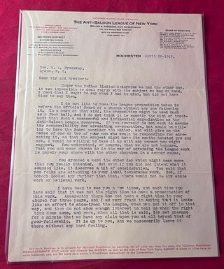 Item #9465 Original April 25, 1917 "Anti-Saloon League of New York" Typed Letter Signed...