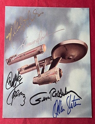 Item #9470 1987 Paramount Studios STAR TREK Publicity Card Signed by Roddenberry, Shatner, Doohan, Nichols and Koenig. STAR TREK.