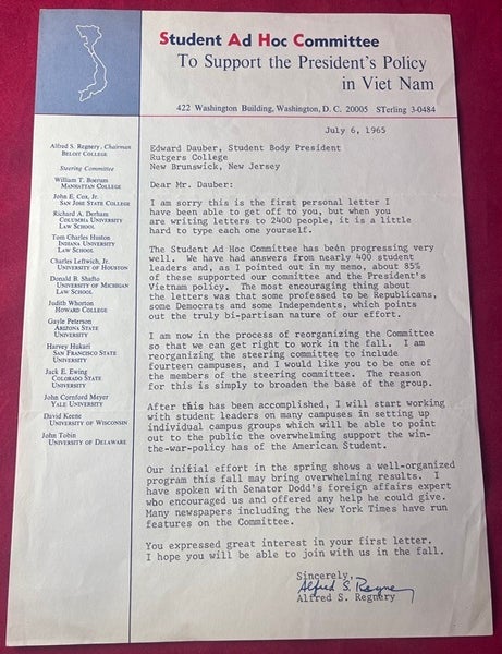Item #9520 1965 Student Ad Hoc Committee To Support the President's Policy in Viet Nam [PRO VIETNAM STUDENT MOVEMENT]. Alfred S. REGNERY.