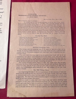Milwaukee, WISCONSIN 1900 "Prohibition State Central Committee" ALS and National Yearly Flyer