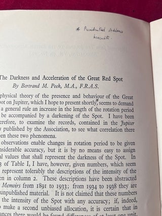 The Great Red Spot: An Analysis of Its Motion and Physical Theory & The Darkness and Acceleration of the Great Red Spot [SIGNED & ANNOTATED BY AUTHOR WITH ALS]