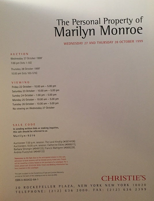 The Personal Property of Marilyn Monroe Christie's Hardcover